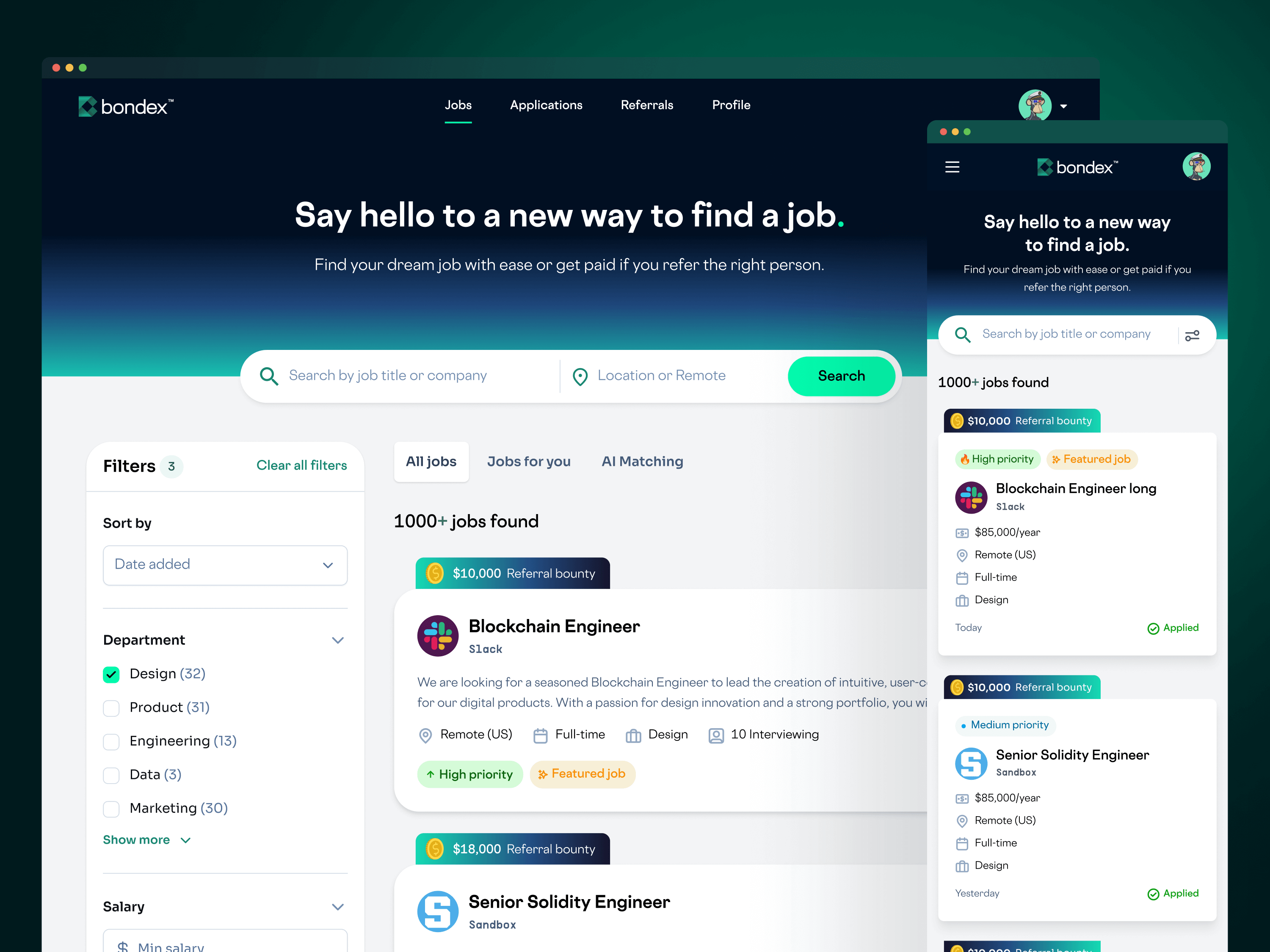 Bondex Web3 recruitment platform job portal on desktop and mobile