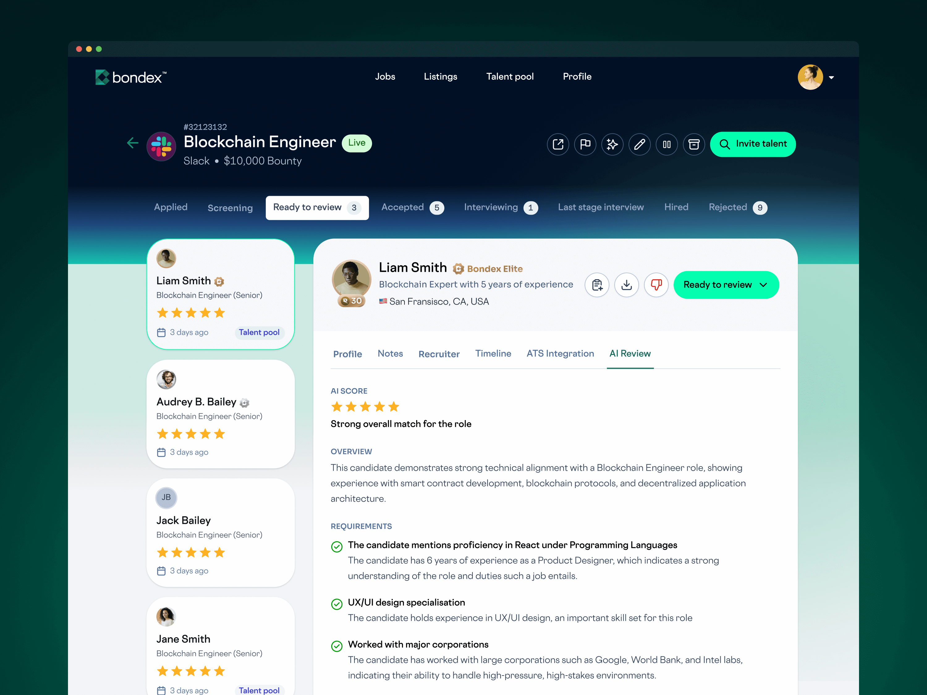 Bondex job application detail with AI Review tab showing star ratings and screening summary