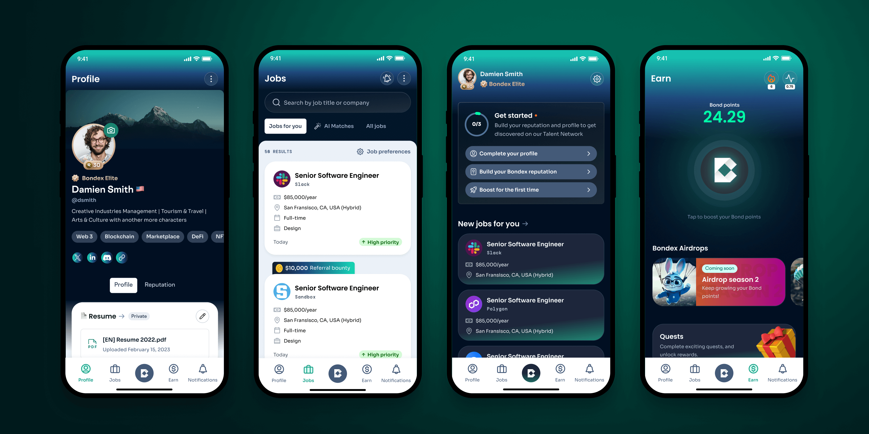 Bondex app main screens including home, jobs, and profile across web and mobile layouts