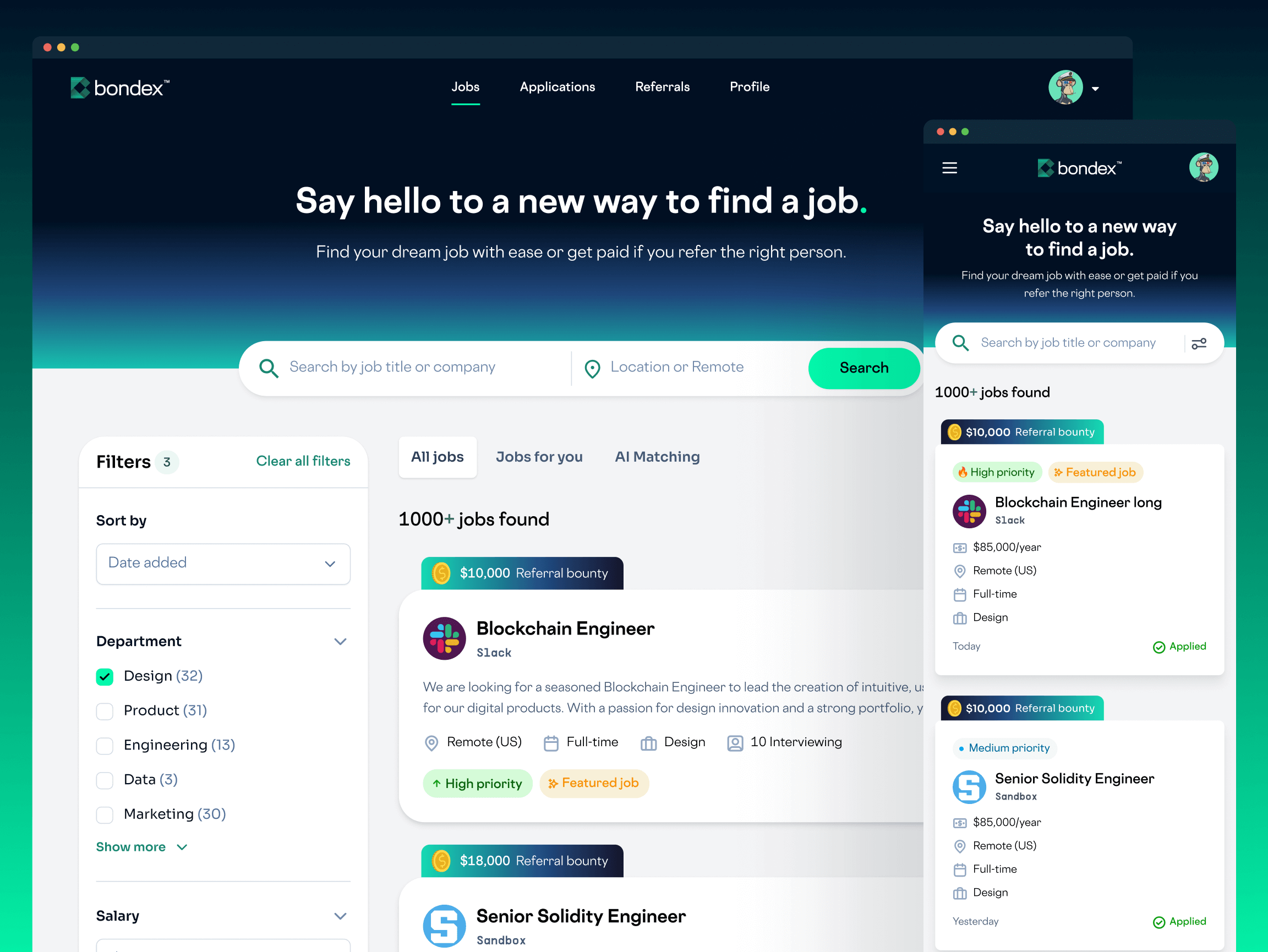 Bondex Web3 recruitment platform homepage and mobile app UI