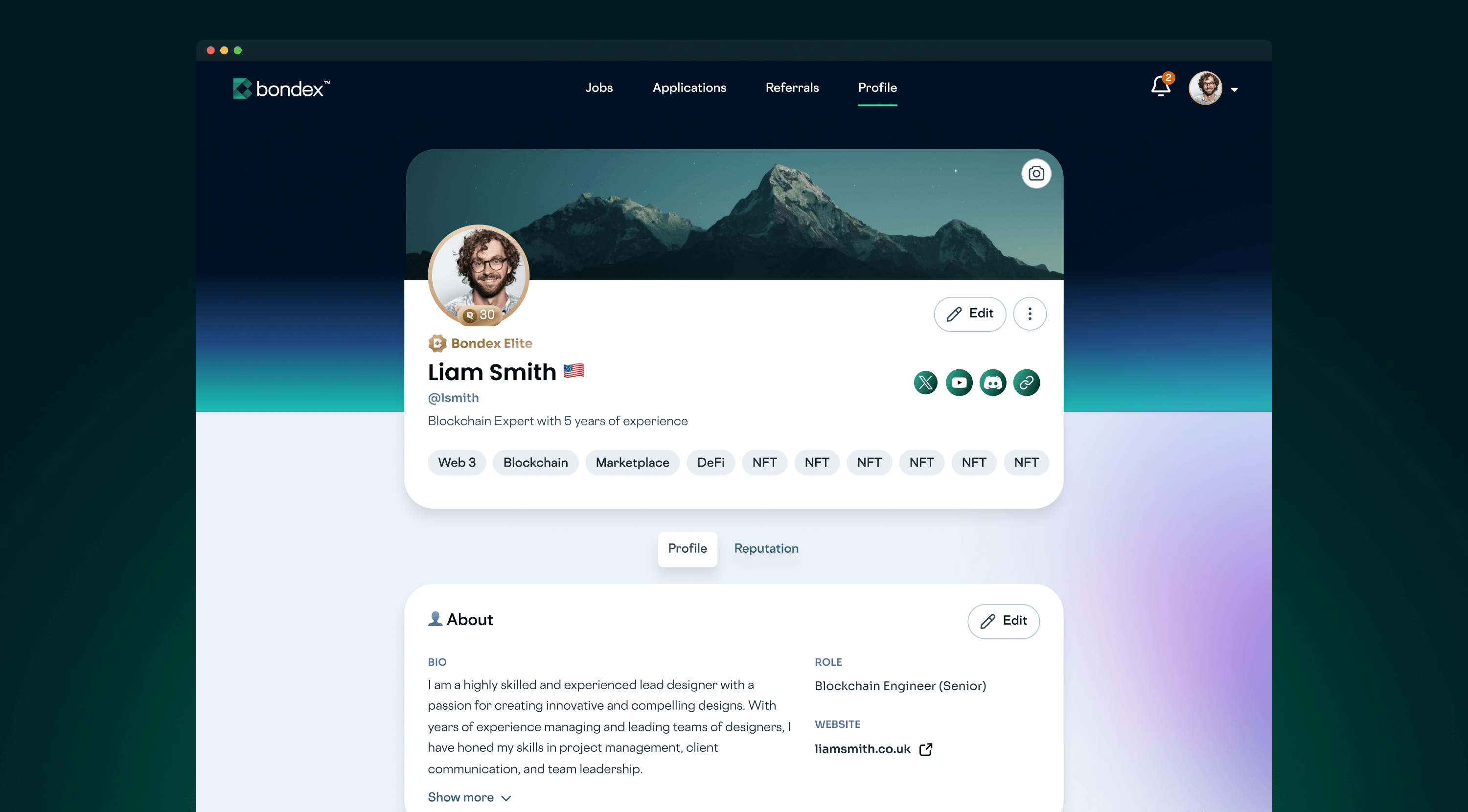 Bondex desktop profile with experience, skills, and reputation summary