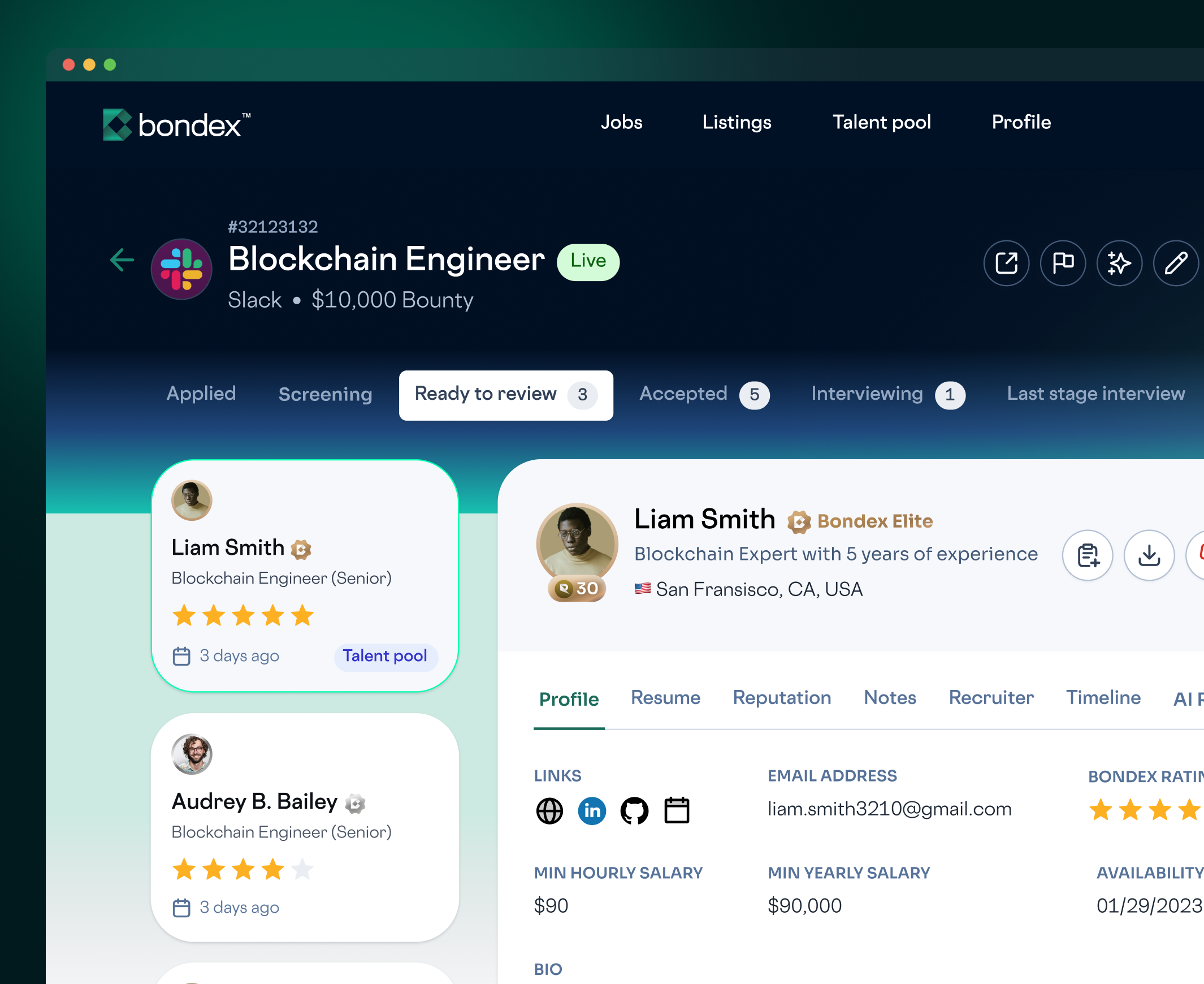 Bondex employer view of applicants for a job post with pipeline stages