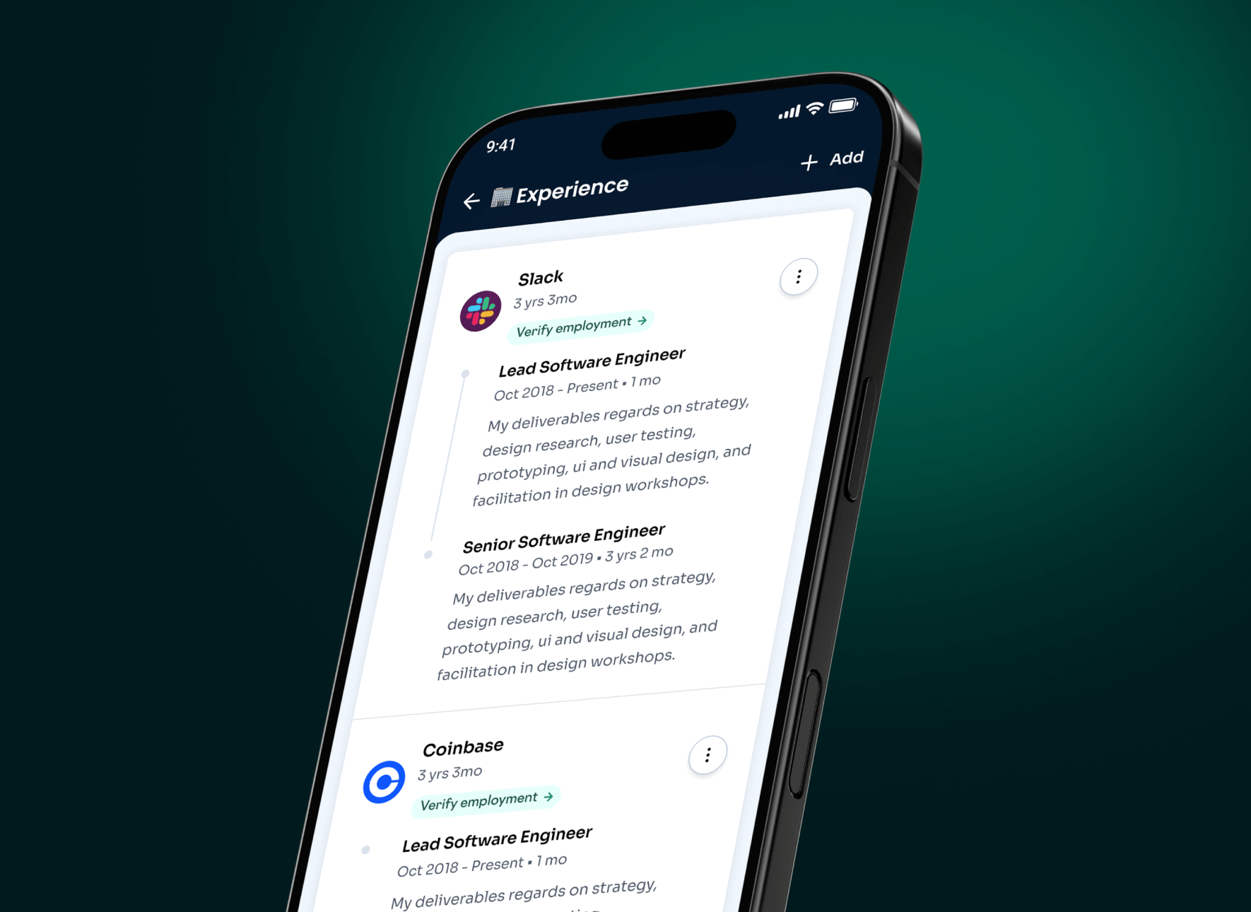 Bondex mobile experience tab showing work history and verified skills