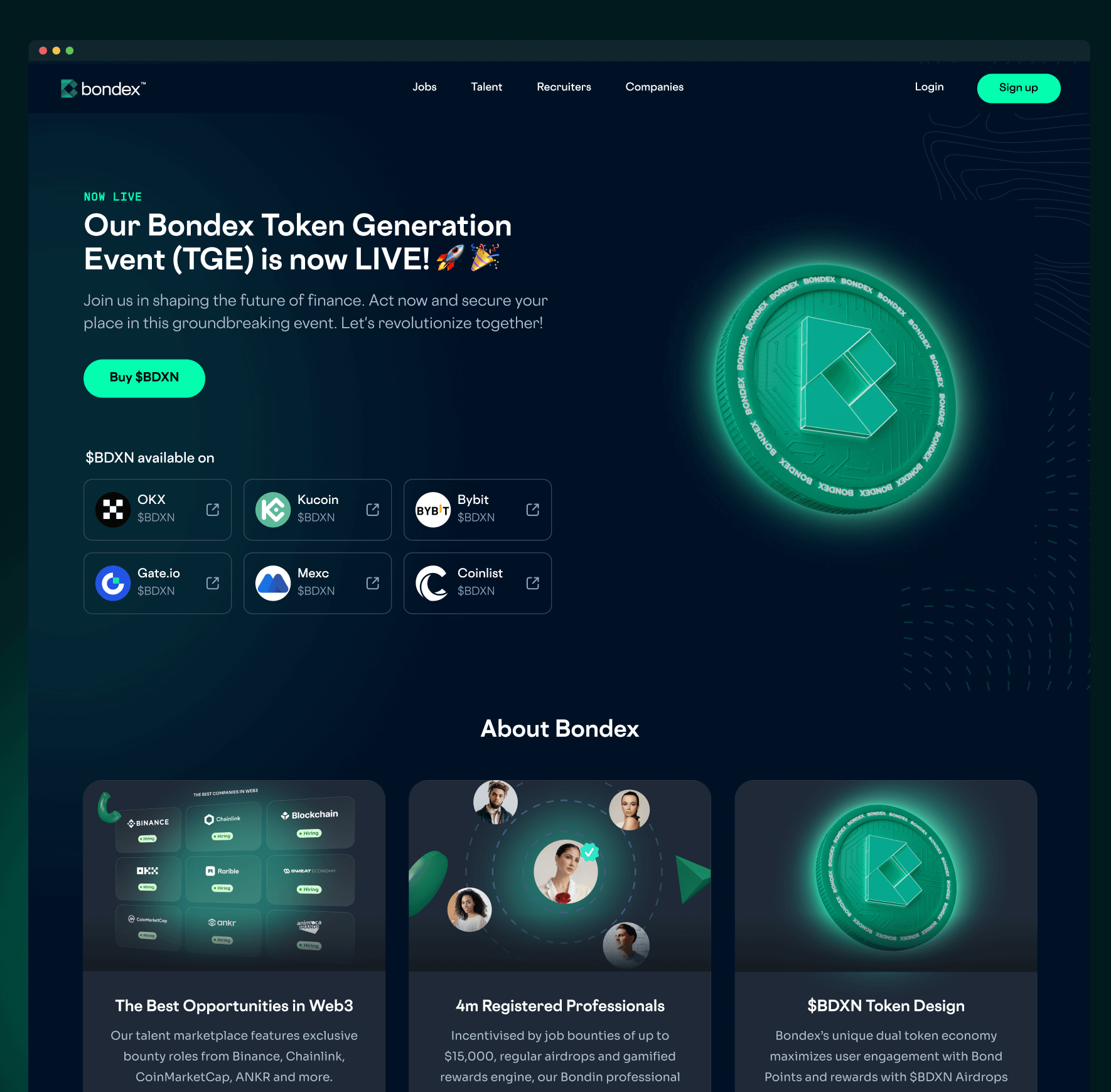 Bondex token generation event marketing page with timeline and participation details