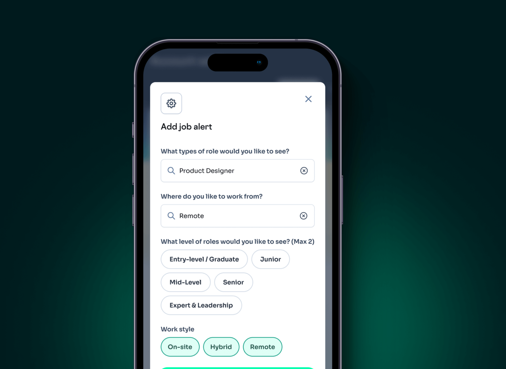 Bondex job alert creation modal with role and location preferences