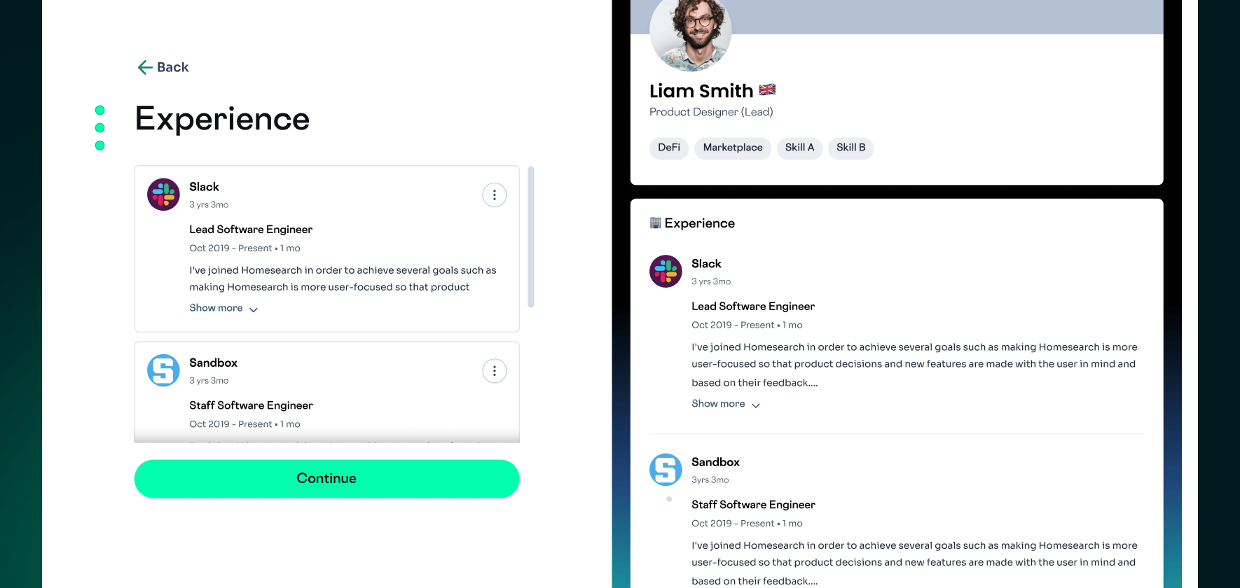 Bondex onboarding preview of imported experience and skills before completing profile