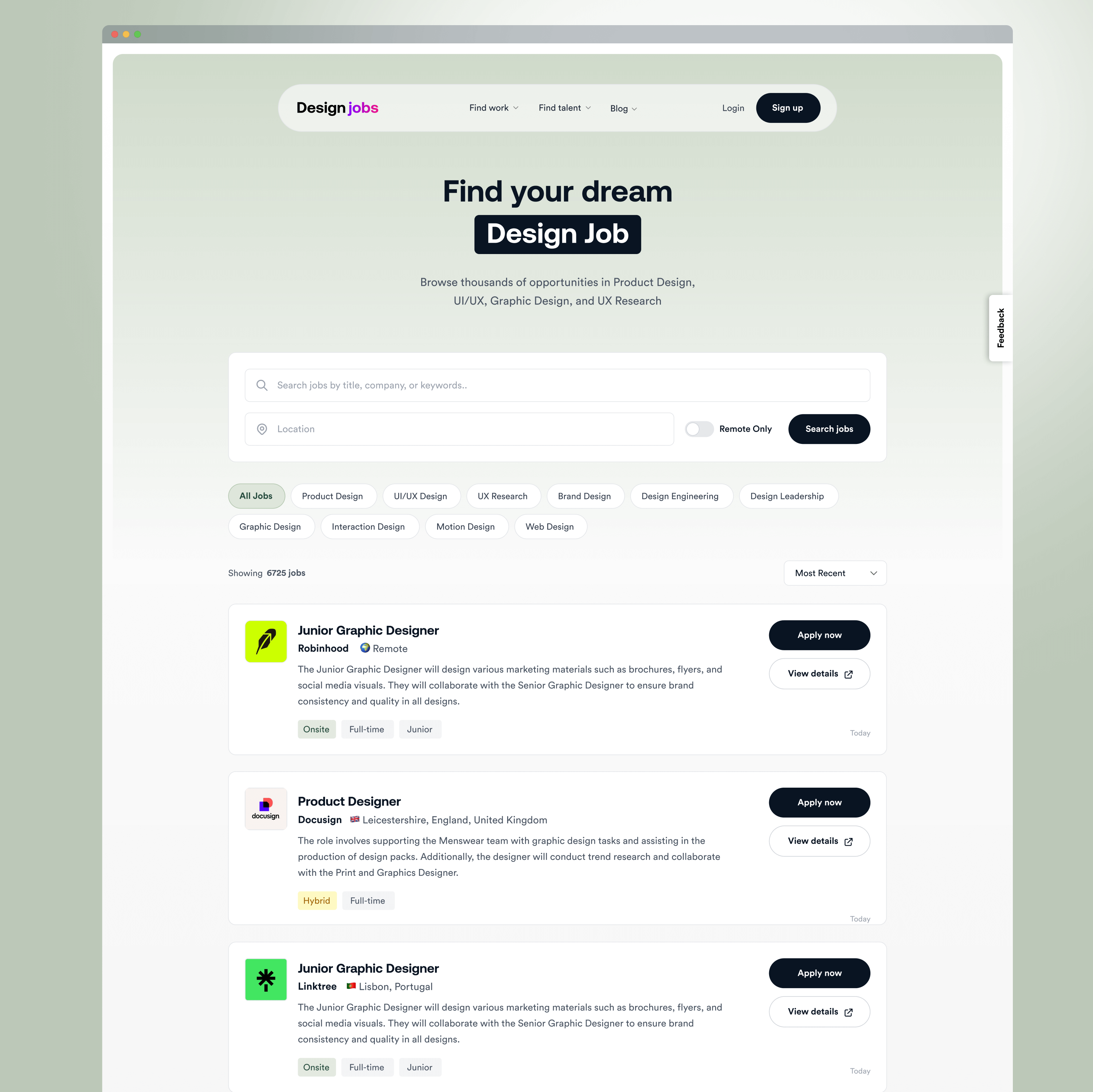 DesignJobs.careers homepage and job list with design-focused filters and cards