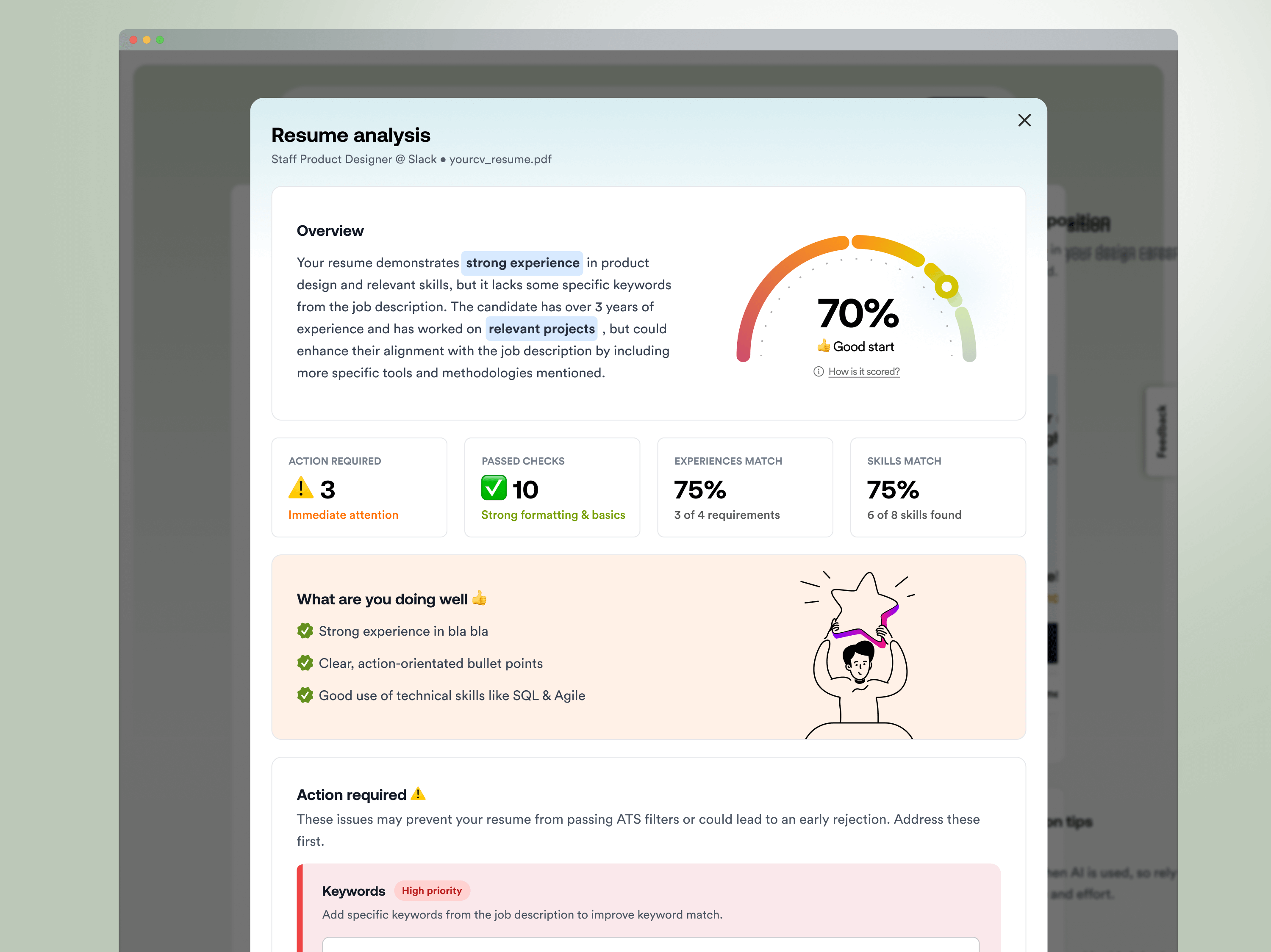 DesignJobs AI resume report example with strengths, gaps, and prioritized fixes