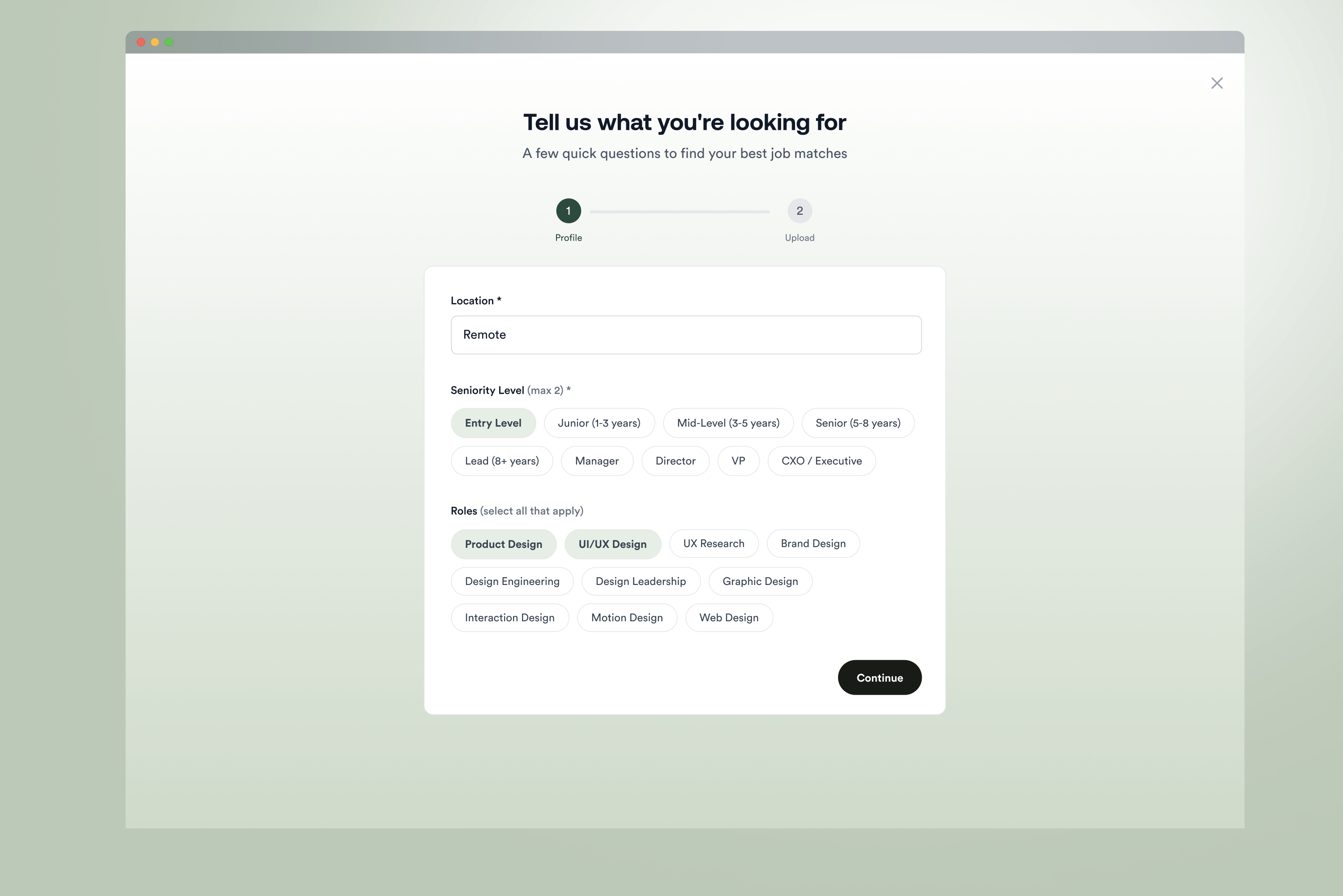 DesignJobs AI job matcher step one collecting role preferences and skills