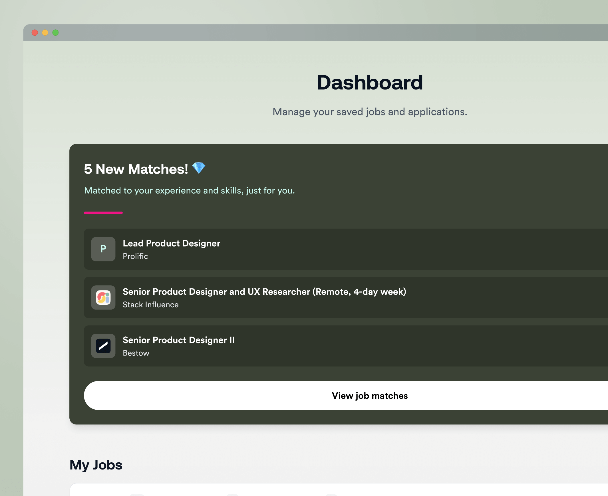 DesignJobs user dashboard with saved jobs, applications, and matches