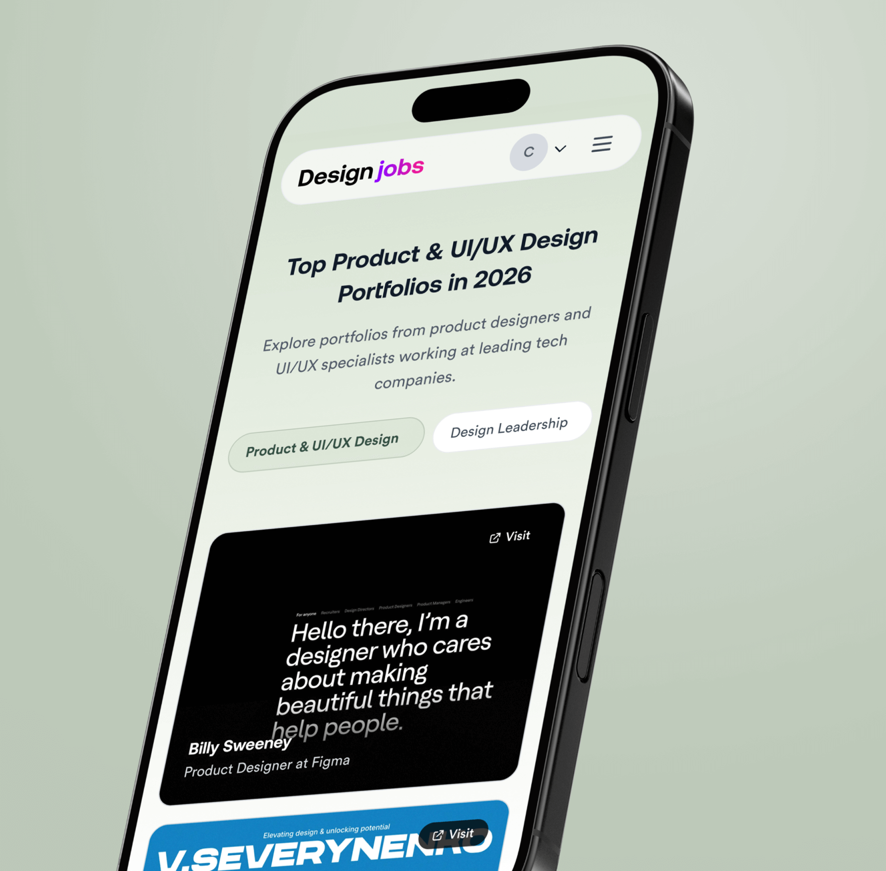 DesignJobs mobile top portfolios for 2026 discovery page