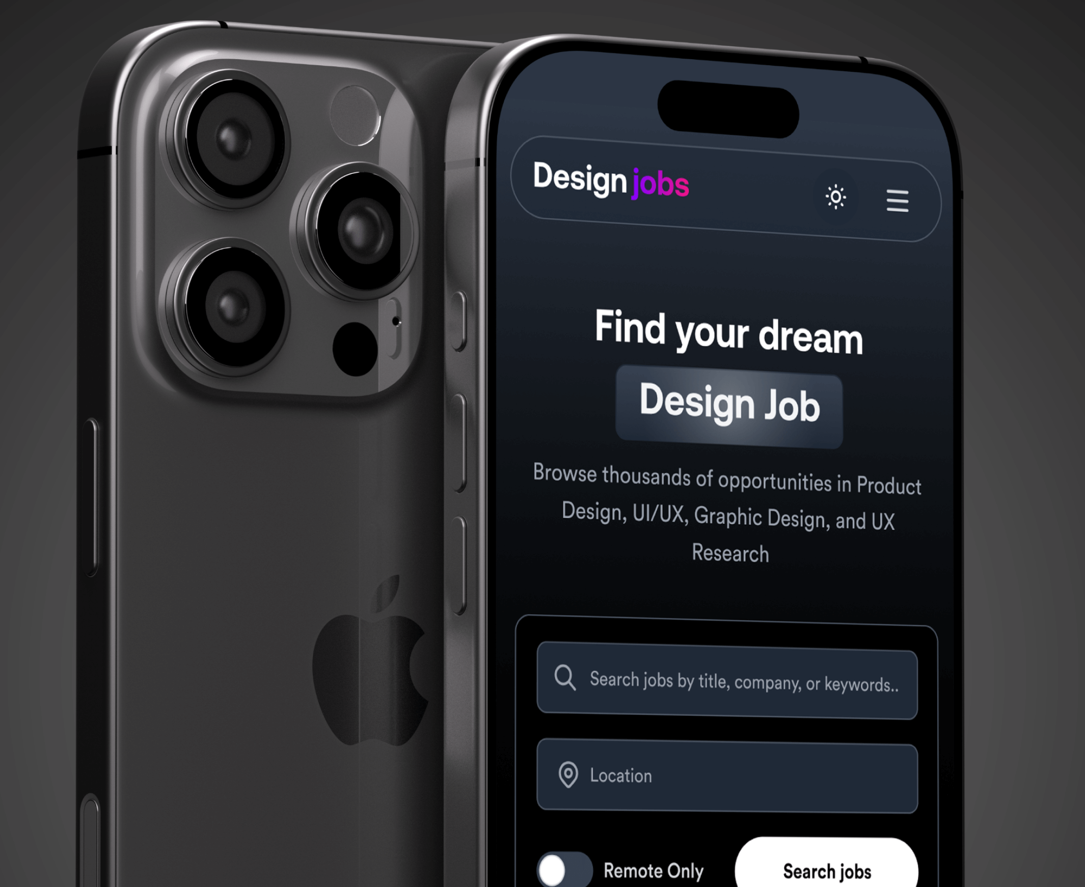 DesignJobs mobile homepage in dark mode with featured listings