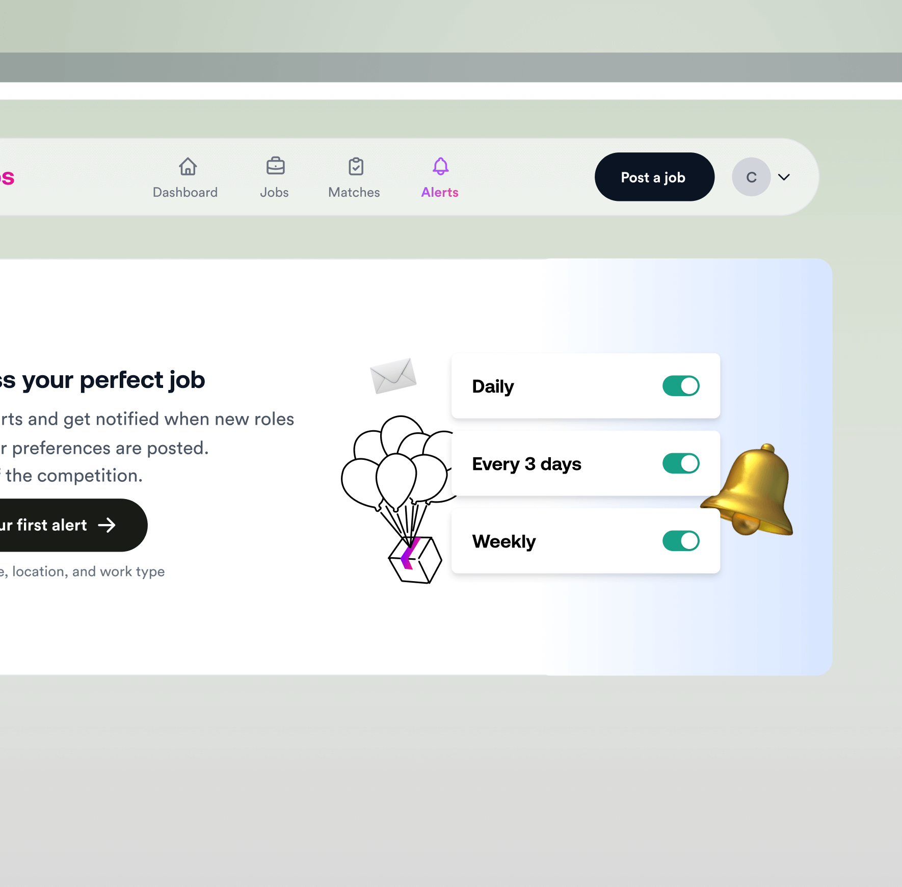 DesignJobs job alerts empty state encouraging users to create alerts