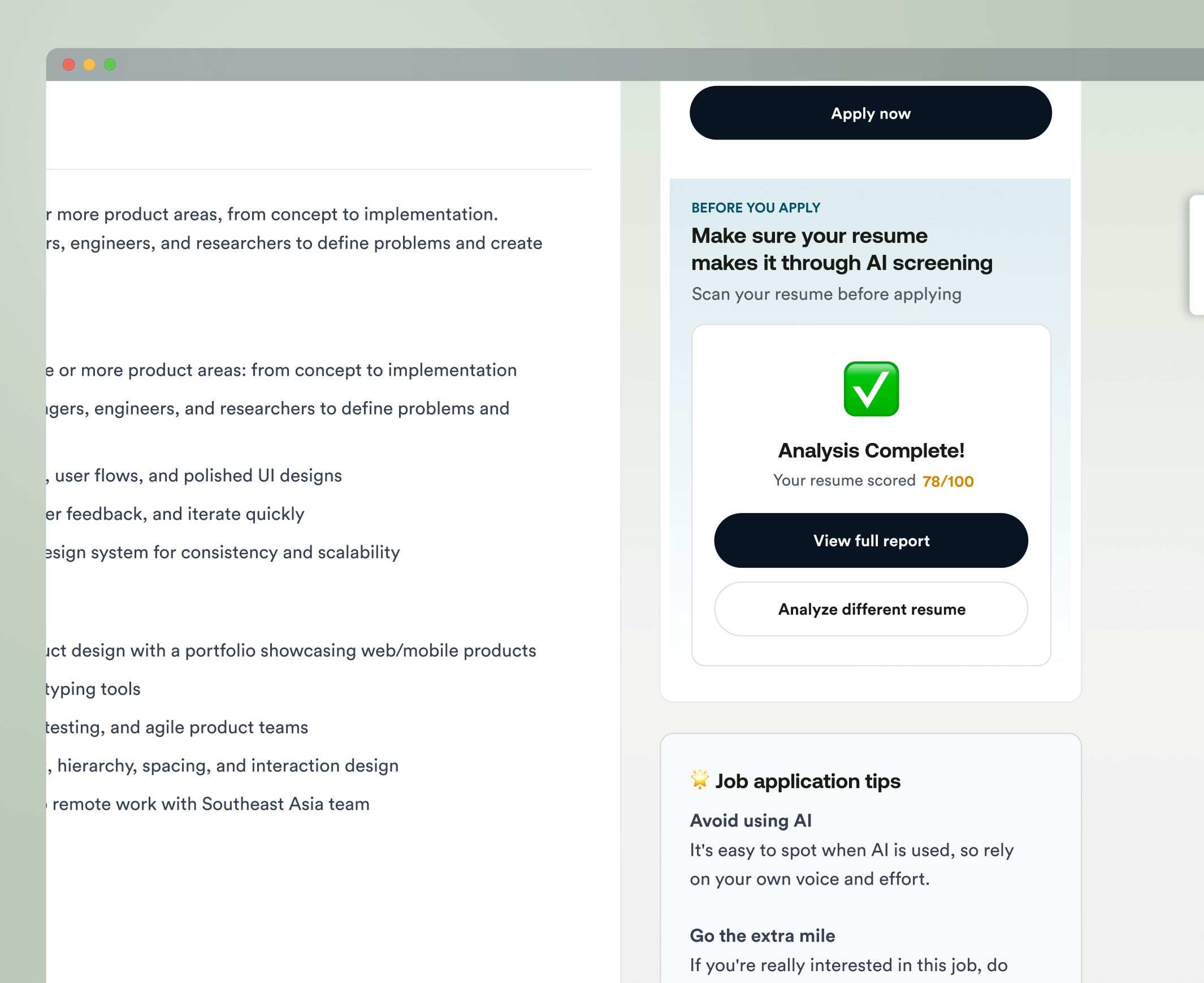 Resume report summary embedded on a DesignJobs job details page