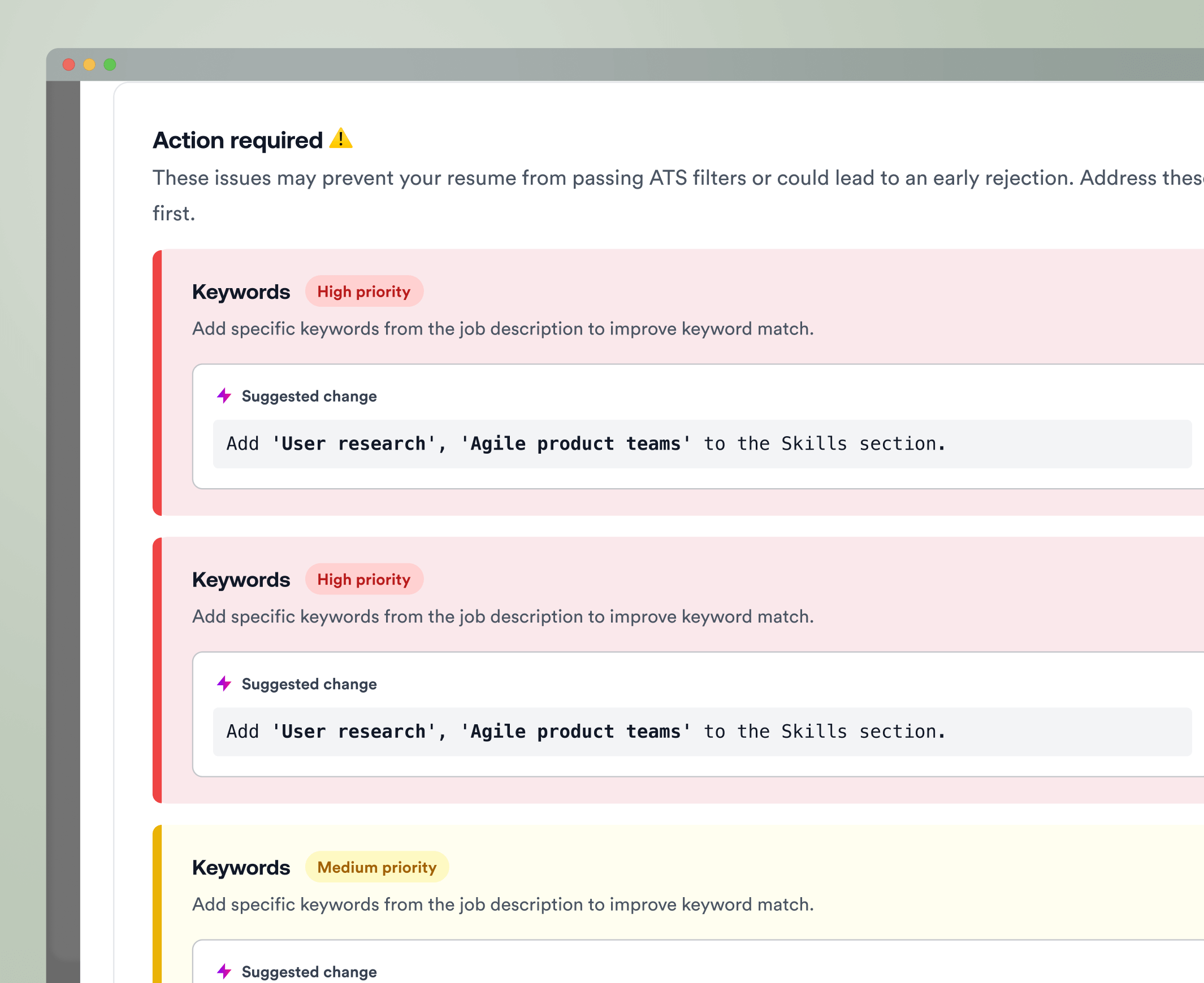 DesignJobs resume report footer with optional improvements and next steps