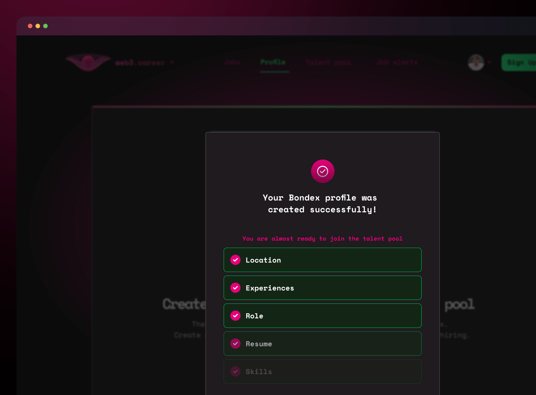 Talent pool join completion modal confirming profile setup