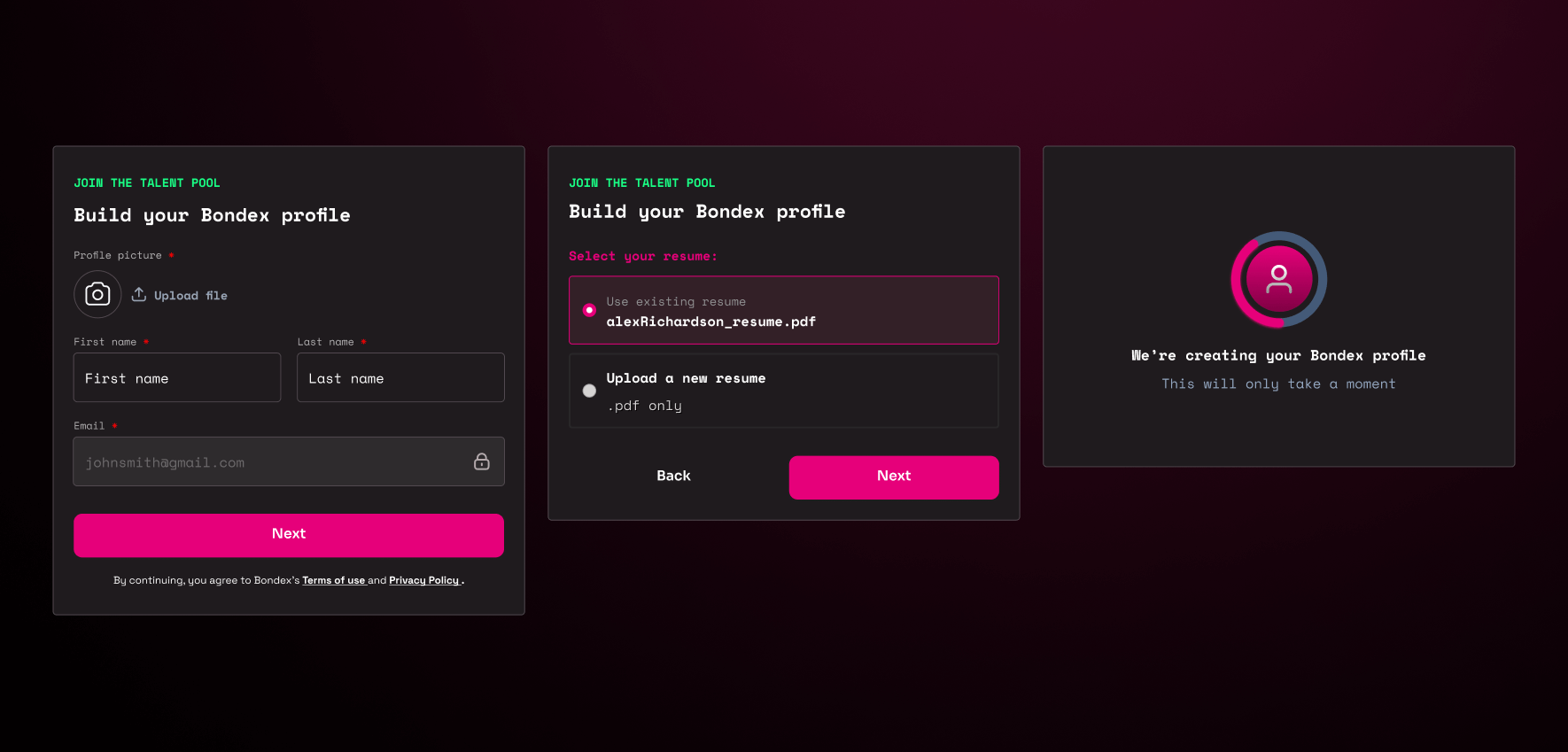 Web3.Career modals for resume upload, LinkedIn import, and talent pool steps
