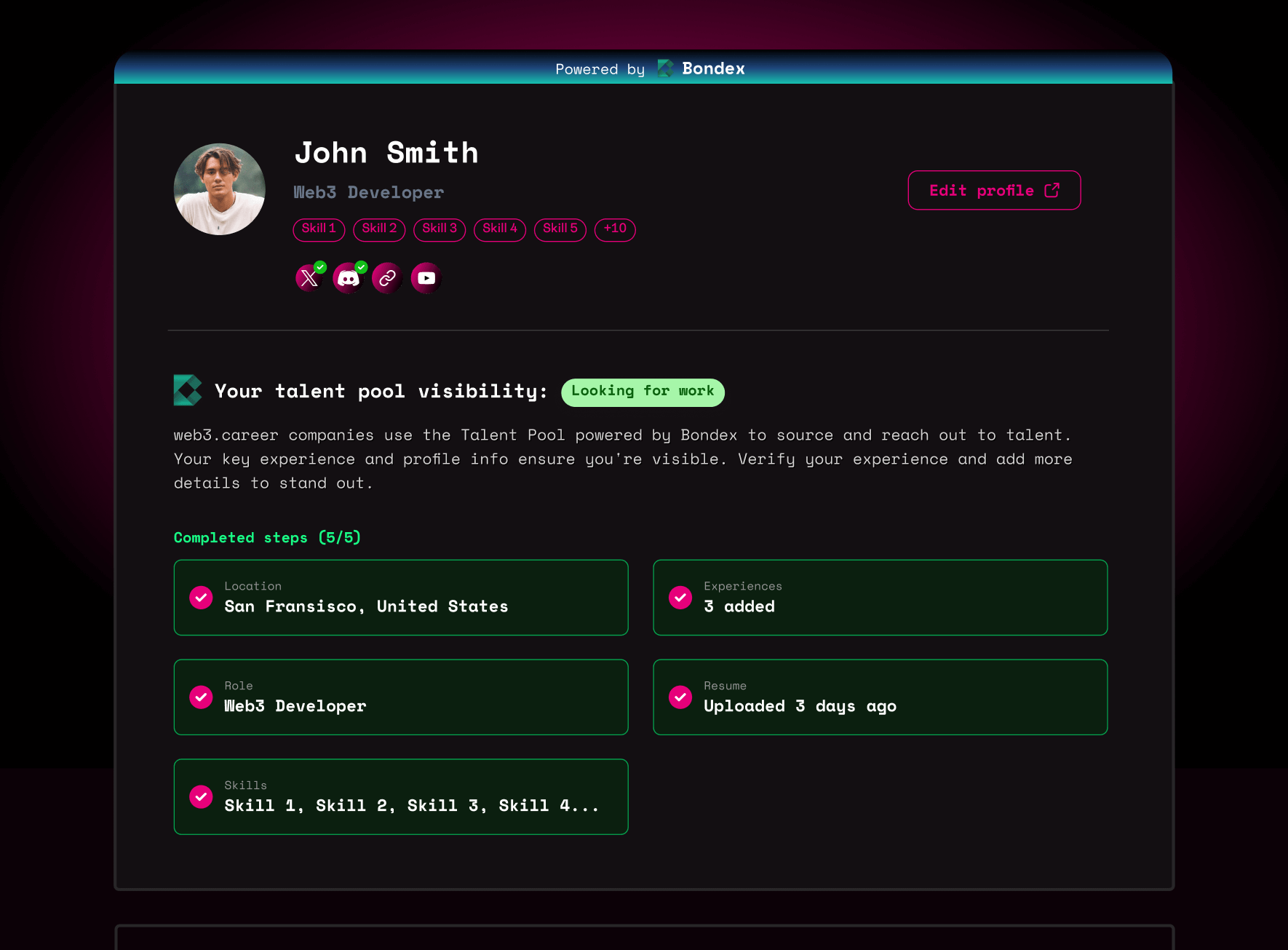 Completed Web3.Career talent profile with visibility and completion progress