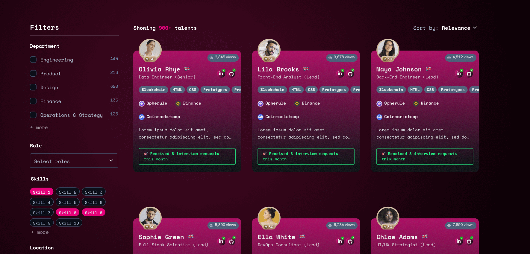 Web3.Career Talent Pool browse experience with filters and candidate previews