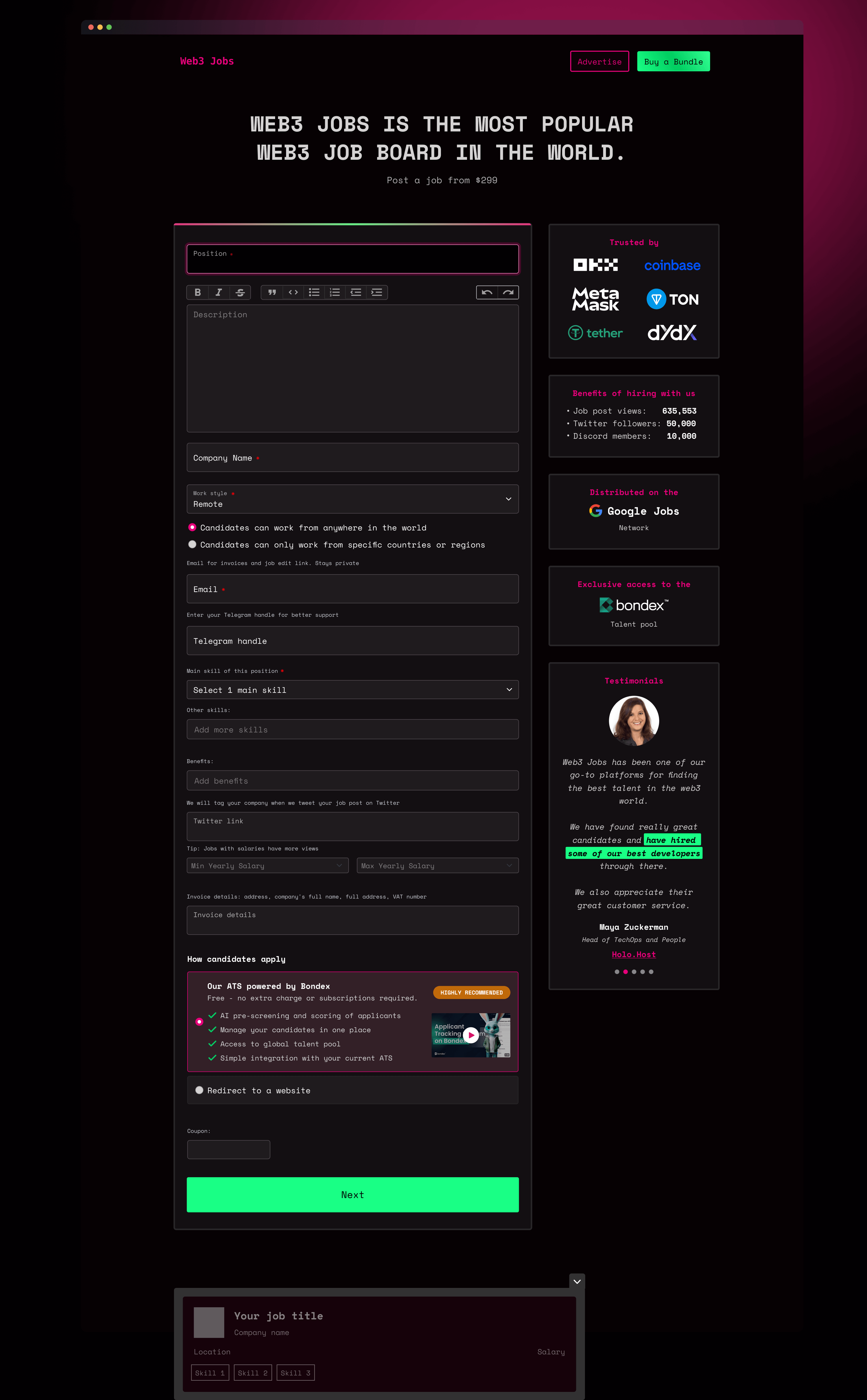 Web3.Career post job flow step one: job details, Bondex ATS default, and listing fields