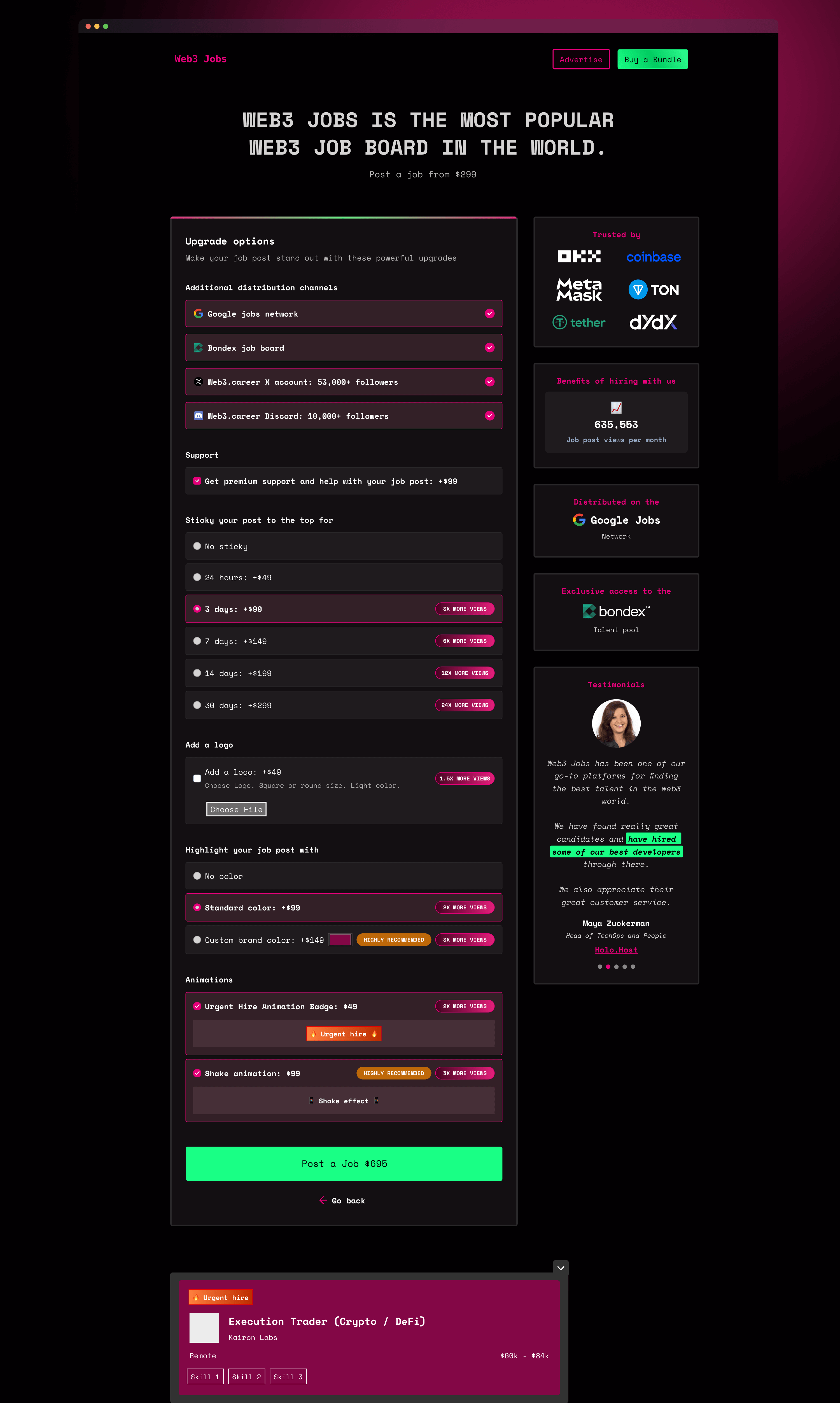Web3.Career post job flow step two: upgrades, distribution channels, and live listing preview